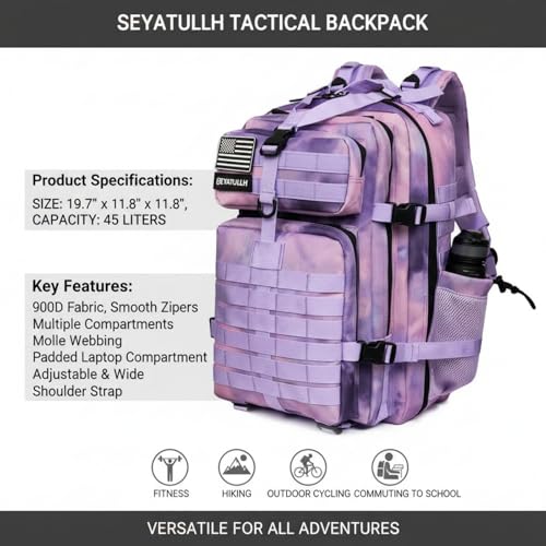 45L Military Tactical Backpack for Men & Women Bug Out Bag Assault pack Molle Daypack Hiking Trekking Rucksack (2.0 side pockets (cloud purple)) - color: 2.0 Side Pockets (Cloud Purple)