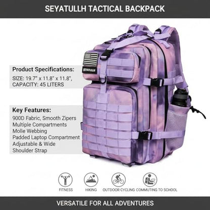 45L Military Tactical Backpack for Men & Women Bug Out Bag Assault pack Molle Daypack Hiking Trekking Rucksack (2.0 side pockets (cloud purple)) - color: 2.0 Side Pockets (Cloud Purple)