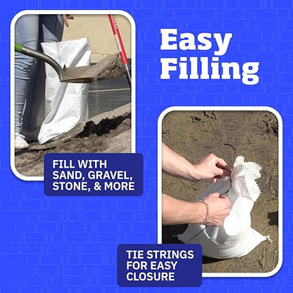 DURASACK Heavy Duty Sand Bags with Tie Strings Empty Woven Polypropylene Sand-Bags for Flood Control with 1600 Hours of UV Protection, 50 lbs Capacity, 14x26 inches, White, Pack of 10 - color: White, size: 10 Sandbags