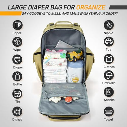 SHARKMOUTH Military Diaper Bag for Dad - Insulated Baby Diaper Backpack with Patches for Hiking Travel Camping - Baby Shower Gifts Tan - color: Tan