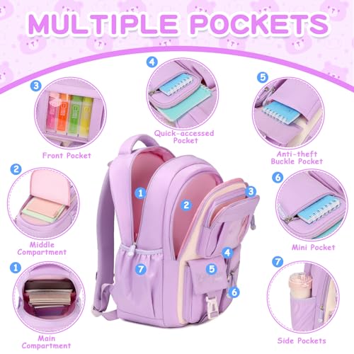 PIG PIG GIRL Kids Backpack for Girls School Bags for Middle School Students Book Bag for Elementary Primary Kawaii Ita Backpack, Purple and Beige - color: Purple and Beige