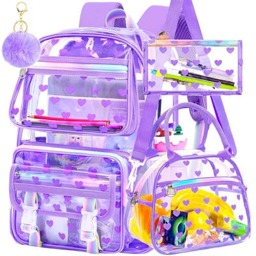 KLFVB 3PCS Transparent Backpack Heavy Duty, Girls See Through School Bag Set, Cute Clear Bookbag for Women - Heart Love Purple - color: Heart Love Purple Clear Backpack