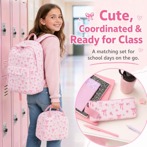 BTOOP School Backpacks for Teen Girls Bookbags Lightweight Kids Backpack School Bags Set with Lunch Box Pencil Case - color: Pink Bow-280