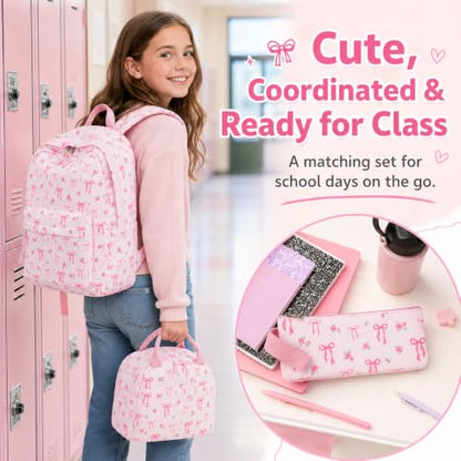 BTOOP School Backpacks for Teen Girls Bookbags Lightweight Kids Backpack School Bags Set with Lunch Box Pencil Case - color: Pink Bow-280
