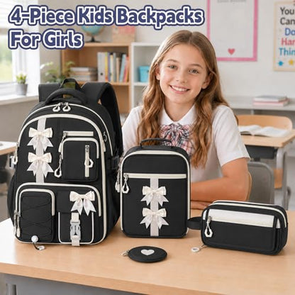 Girls Backpack with Lunch Box Set, 4 PCS Cute Kawaii School Bookbag for Elementary Girls, Black Aesthetic Large Laptop Backpack for Kids & Teens - color: Black