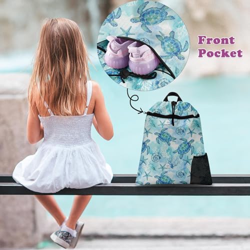 Sea Turtle Drawstring Backpack, 15” x 17” Waterproof Swim Bag for Beach Swimming Pool, Lightweight Foldable Gym Bag with Water Bottle Holder for Sports Travel - color: Sea Turtle