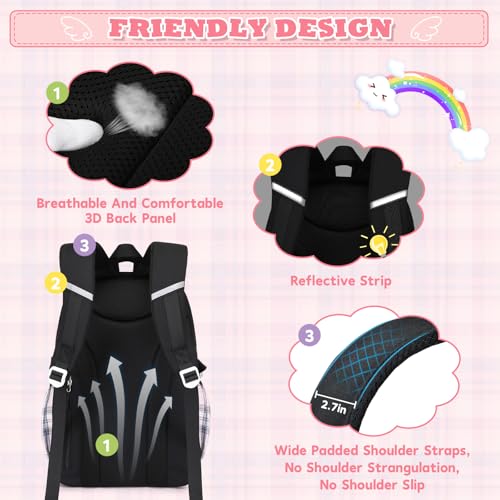 MUSEVOS Girls Backpack, Elementary Middle School Backpack, Large Capacity Kids Bookbag - color: Black/Pink