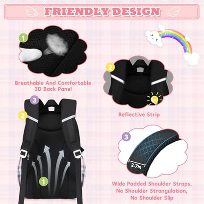 MUSEVOS Girls Backpack, Elementary Middle School Backpack, Large Capacity Kids Bookbag - color: Black/Pink