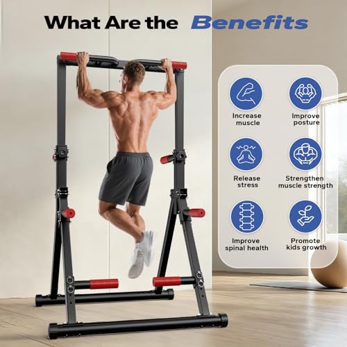 Foldable Pull Up Bar Free Standing, Strength Training Pull-up Bars Adjustable Pull Up Station, Power Tower Pull Up Bar MultiFunction Pull Up Dip Station Workout Equipment For Home Gym Support 480 LBS - color: red