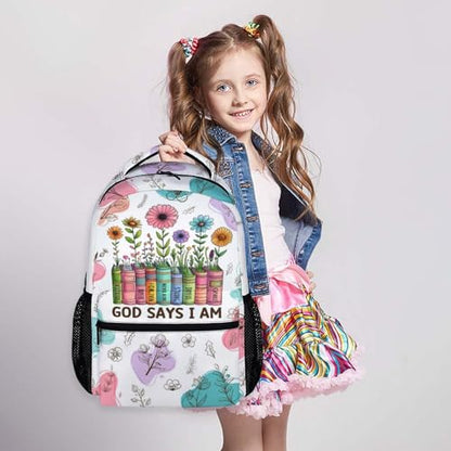 Kids Backpack School Backpacks for Girls Christian, Floral Gad Say Bookbag for Students Preschool Kindergarten Elementary Middle - color: White