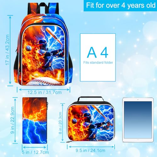 AGSDON 3PCS Boys Backpack for Boys, 17" Kids Bookbag with Lunch Box for Boy, Baseball Flame Thunder Backpacks Water Resistant and Lightweight for Teen - color: Baseball 01
