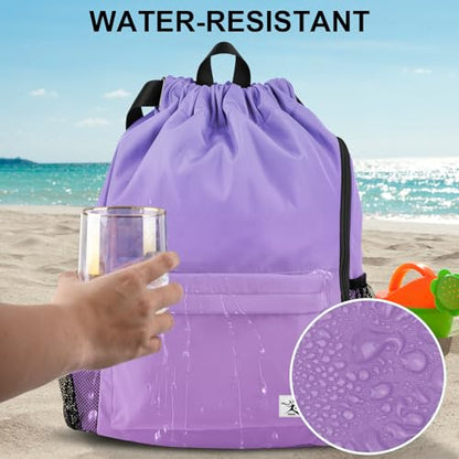 Drawstring Backpack with Mesh Pockets String Gym Bag Sackpack Sandproof Water Resistant Beach Backpack for Men Women - color: Light Purple Gradient
