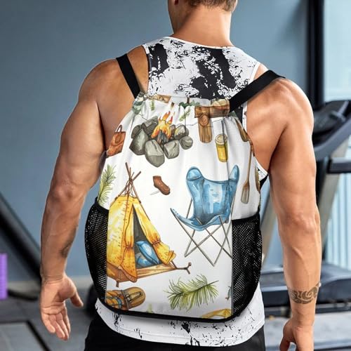 Drawstring Gym Backpack with Shoe Compartment And Wet Pocket, 28L Lightweight Waterproof Camping Equipment Pattern Sports Backpack for Workout Swim Beach Travel String Bag for Men Women