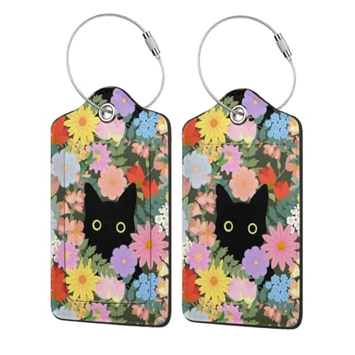2P Cute Black Cat Flowers Floral Luggage Tags Privacy Cover ID Label with Stainless Steel Loop and Address Card for Travel Bag Suitcase Funny Cute Man Women Kids - color: Black Cat Flower