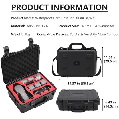 Air 3S Case,Waterproof Hard Travel Carrying Case for DJI Air 3S / Air 3 Fly More Combo,RC 2/ RC-N2 Remote Controller,Intelligent Flight Battery,Charging Hub and Other Accessories