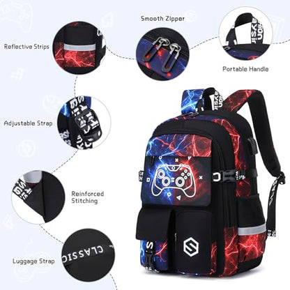 Scothen Boys Backpack, Cool Luminous School Backpacks for Boys with Lunch Bag Pencil Case, Kids Backpack Kindergarten Elementary Middle School Book Bags for Teen Boy Children with USB Charging Port - color: Cool Red-blue