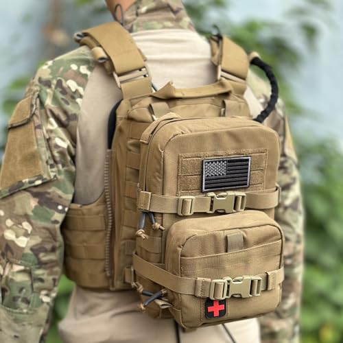 MOLLE Hydration Pack for Plate Carrier,Compact Water Bladder Carrier for Tactical Vest Backpack,Mini 1.5L-2L Hydration Backpack with IFAK Pouch - color: Coyote Brown