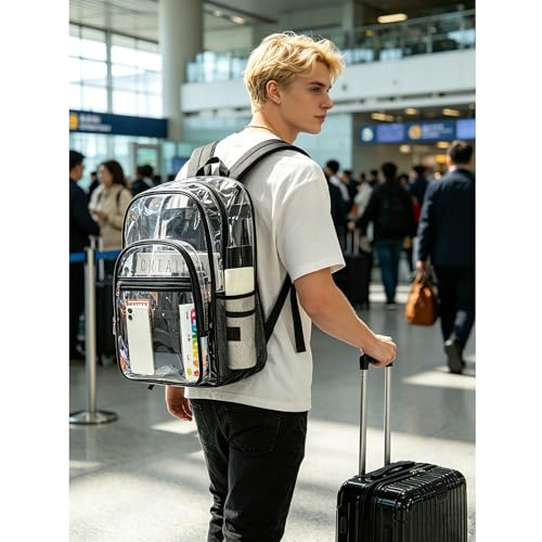 gdbis Clear Backpacks for School - 17 Inch Extra Large Transparent Heavy Duty Clear Bookbag for Boys & Girls See Through PVC School Backpack with 2 Front Pockets for Work, College, Concert, Black