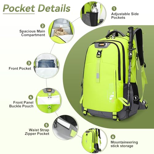 Hiking Backpack for Men Women, 50L Large Capacity Waterproof Mountaineering Backpack, Breathable Outdoor Daypack, Adjustable Trekking Rucksack for Camping Climbing Travel Climbing Travel - color: Green