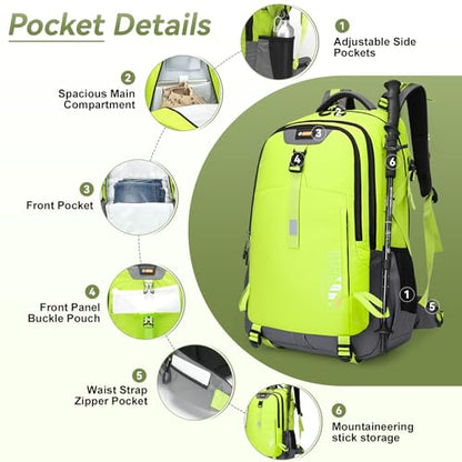 Hiking Backpack for Men Women, 50L Large Capacity Waterproof Mountaineering Backpack, Breathable Outdoor Daypack, Adjustable Trekking Rucksack for Camping Climbing Travel Climbing Travel - color: Green