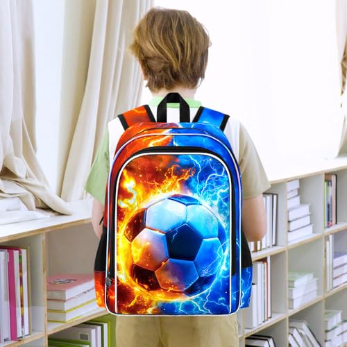 AGSDON 3PCS Soccer Backpack for Boys, 17" Kids Bookbag with Lunch Box for Boy, Flame Thunder Backpacks Water Resistant and Lightweight for Teen - color: Soccer