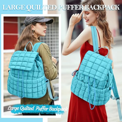 Quilted Puffer Backpack for Women Lightweight Soft Puffy Backpack Purse Casual Daily Drawstring Flap Daypack (Blue) - color: Blue