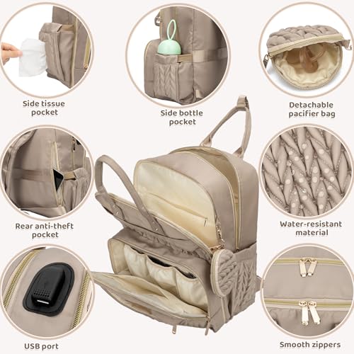 Diaper Bag Backpack, Waterproof Large Baby Bag with Changing Pad, Khaki | Baby Diaper Bag, Stylish, Large Capacity, with Changing Pad, with USB Port, Stroller Strap, Pacifier Case, Travel Essentials - color: Khaki