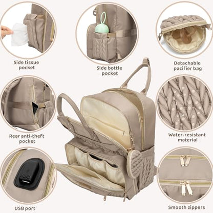 Diaper Bag Backpack, Waterproof Large Baby Bag with Changing Pad, Khaki | Baby Diaper Bag, Stylish, Large Capacity, with Changing Pad, with USB Port, Stroller Strap, Pacifier Case, Travel Essentials - color: Khaki