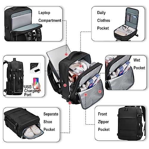 Somago Travel Unisex Backpack Carry On Casual Daypacks Rucksack Backpack Anti Theft for 15.6 Inch Laptop Business with Shoe Compartment Dry Wet Pocket USB Charger Port (Black) - color: Black