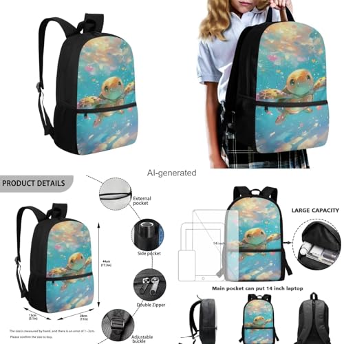 Cute Sea Turtle Backpack for Girls Kids Backpack with Lunch Box Water Bottle Holder with Strap and Large Pencil Case 4PCS Set Bookbag with Front Pocket 17 inch Sturdy Elementary School Bag - color: Cute Sea Turtle