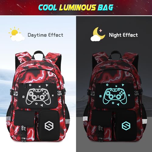 Scothen Boys Backpack, Cool Luminous Gamer School Backpacks for Boys with 14oz Insulated Water Bottle Lunch Bag Pencil Case, Kids Backpack Book Bags for Kindergarten Elementary Middle School - color: Red Lightning