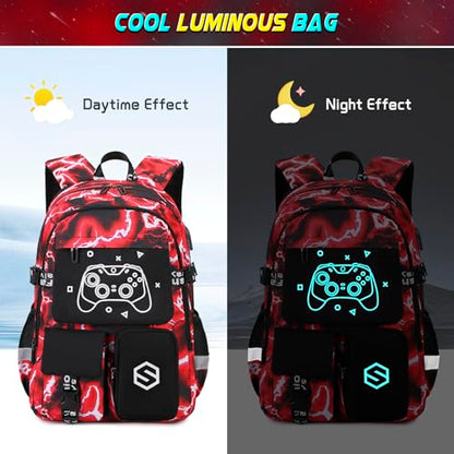 Scothen Boys Backpack, Cool Luminous Gamer School Backpacks for Boys with 14oz Insulated Water Bottle Lunch Bag Pencil Case, Kids Backpack Book Bags for Kindergarten Elementary Middle School - color: Red Lightning
