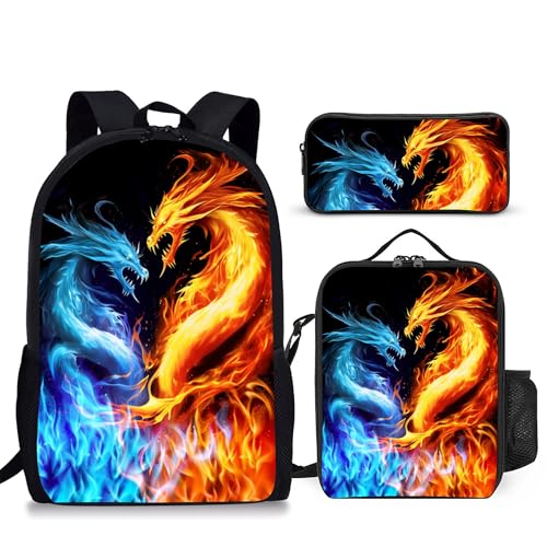 3PCS Boys Backpack, Kids Back To School Bag with Lunch Box Pencil Case Set, Cool Dragon Backpack for Boys Teens, 17" Schoolbag Bookbag for Elementary Middle High School Students - color: Dragon