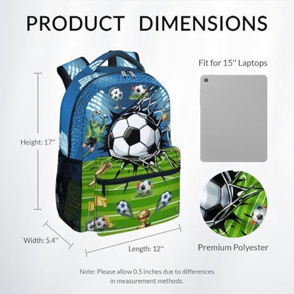Kids Backpack for Boys Soccer School Bag - 17 Inch Durable Elementary Middle School Sports Themed Bookbag with Adjustable Padded Straps - color: Green