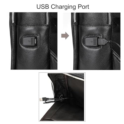 Genuine Leather Backpack Men Casual Daypack 15.6 Inch Laptop Rucksack Business Travel Outdoor Shoulder Bag with Trolley Sleeve (Black) - color: 8028-black