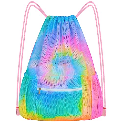 Mesh Drawstring Backpack, Large Sports Gym Bag for Women Kids with Pocket and Zipper Sackpack for Beach Yoga Football Soccer (Tie Dye Yellow) - color: Tie Dye Yellow