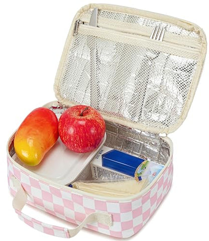 LEDAOU Lunch Box Kids Insulated Lunch Bag Girls Boys Toddler Reusable Lunchbox for School Picnic Hiking (Checkered-Pink) - color: Checkered-Pink