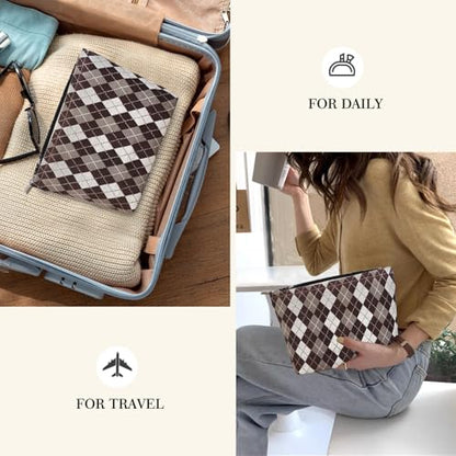 STARDW Checkered Makeup Bag Cosmetic Travel Bag, Toiletry Bag for Women - color: Argyle Brown