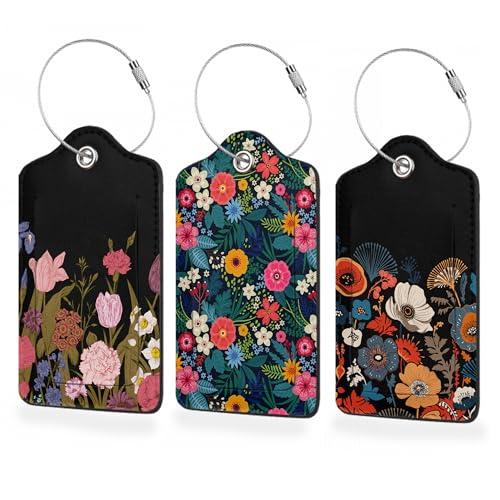 Set of 3 Luggage Tags,Colorful Flowers Spring Leather Suitcases Tag Identifiers with Privacy Name Address Labels & Durable Steel Loop for Women Men Travel - color: Colorful Flowers Spring