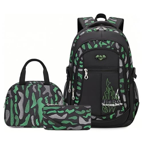 Bansusu 3Pcs Boys Backpack for Kids School Bag with Lunch Bag, Primary Middle School Backpack for Boys Bookbags - color: Style B-3pcs-green