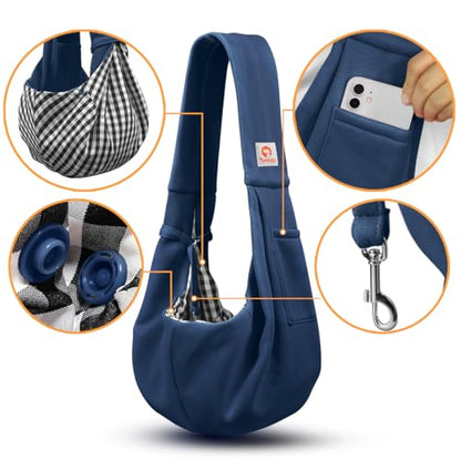 Tomkas Small Dog Cat Sling Carrier Puppy Purse Travel Wrap Soft Crossbody Pet Bag (Dark Blue, M - Classic Pocket & Classic Strap) - color: Dark blue