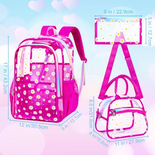 gxtvo 3PCS Transparent Backpack Heavy-Duty Set for Women & Teen Girls, 17" Rose Clear Bookbag with Rainbow Strap, Cute Chrysanthemum See Through School Bag - color: Rose Chrysanthemum Clear Backpack Set