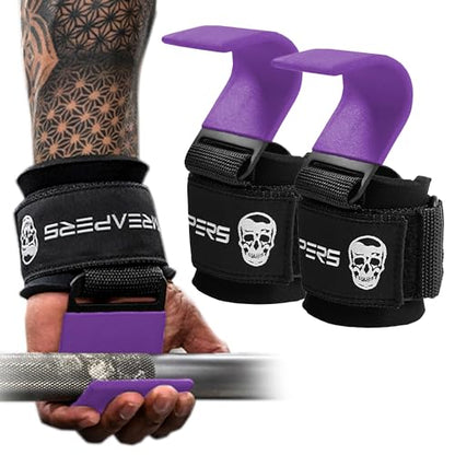 Gymreapers Weight Lifting Hooks (Pair), Heavy Duty Power Wrist Straps Hand Grip Support For Deadlifts, Pull Ups, Shrugs - Gym Gloves For Men and Women - color: Purple