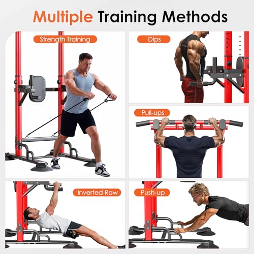 soges Power Tower Pull Up Bar Station, Dip Station for Home Gym, Height Adjustable Heavy Duty Strength Home Training Fitness Workout Equipment - color: Red-Bands