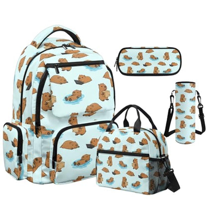 Capybara Backpack for Girls 8-10 Kids Backpack for School Girls Bookbag with Lunch Box Water Bottle Pouch Pencil Case 4PCS Set Teen Backpacks for Primary Elementary School Supplies - color: Capybara