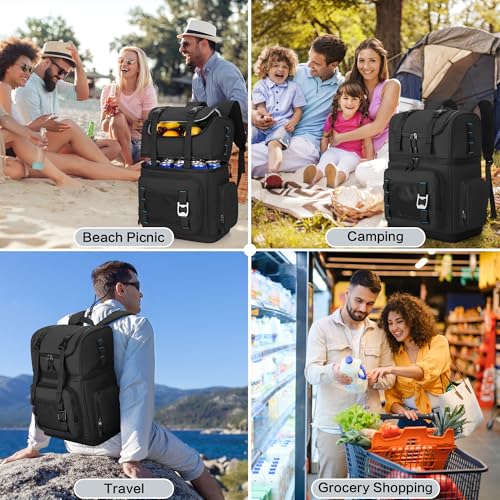 Large Waterproof Insulated Cooler Backpack for Men & Women, Double Decker Leak Proof Cooler Backpack for Beach, Camping, Picnic, Travel, 26L, 44Cans - color: Black