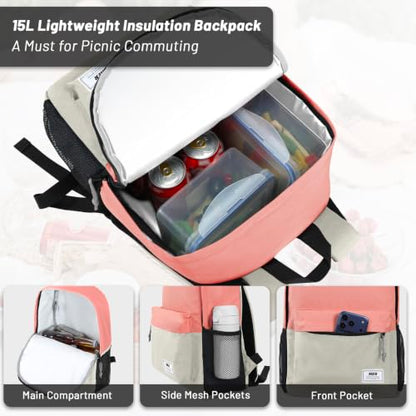MIER Insulated Backpack Cooler Small Leakproof Lightweight Cute for Women Men to Work, Picnics, Camping, Park Day Trips, 15 L - color: Pink/gray