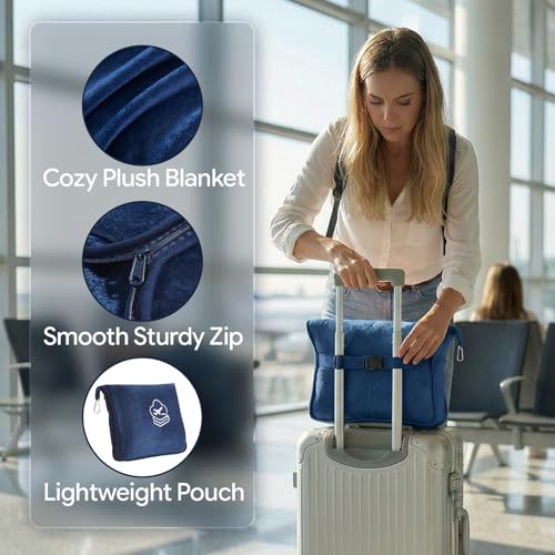 Travel Blanket, Soft 2-in-1 Airplane Blanket, 65x40 Inches, Travel Blanket Airplane Compact with Bag, Car Blanket with Luggage Sleeve & Backpack Clip (Navy Blue) - color: Navy Blue