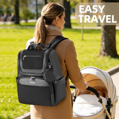 Large Leather Diaper Bag Backpack, Baby Travel Bag with Changing Pad, Insulated Pockets, Stroller Straps and Pacifier Case, Water-Resistant Diaper Bag for Mom and Dad, Black - color: Black