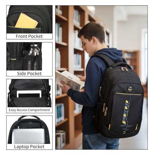 goldwheat School Backpack For Teen Boys, Lightweight Water-Resistant Boys Bookbag With Computer Compartment Fits 15.6" Laptop - color: Black Yellow